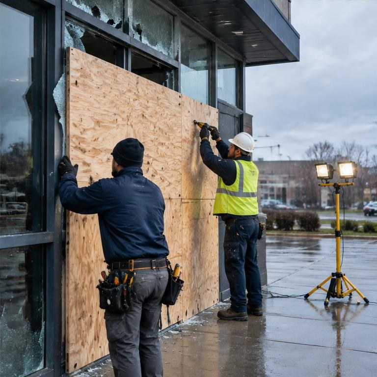 Emergency crew boarding up a damaged commercial entrance
