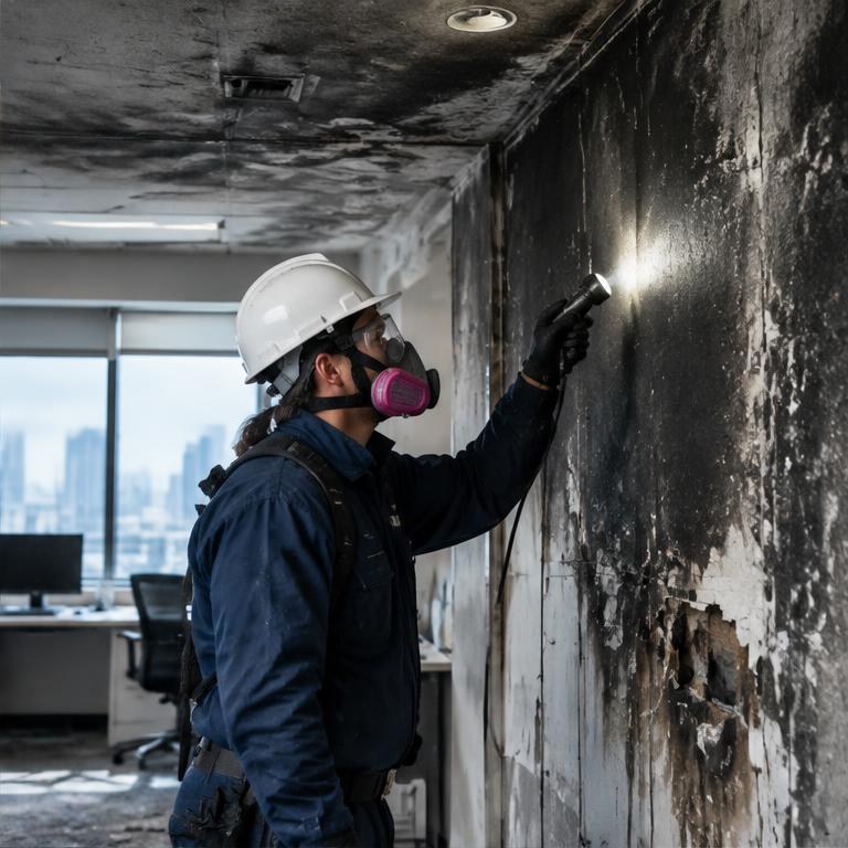 Specialist inspecting smoke and fire damage in an office