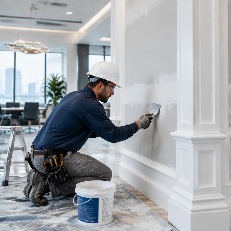 Craftsperson restoring an interior wall and trim