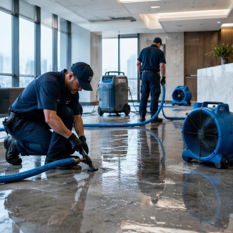Restoration specialists extracting water from a commercial floor